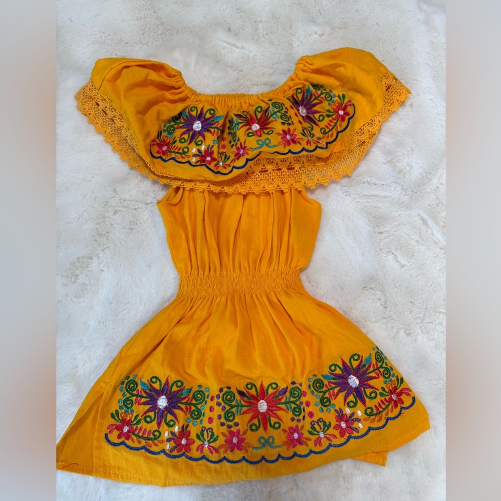 Mexican Baby 2T Floral Mustard Yellow Traditional Embroidered Summer Dress